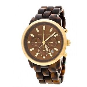 Michael Kors Women’s Oversized Tortoise Shell Watch with gold/diamond accents.